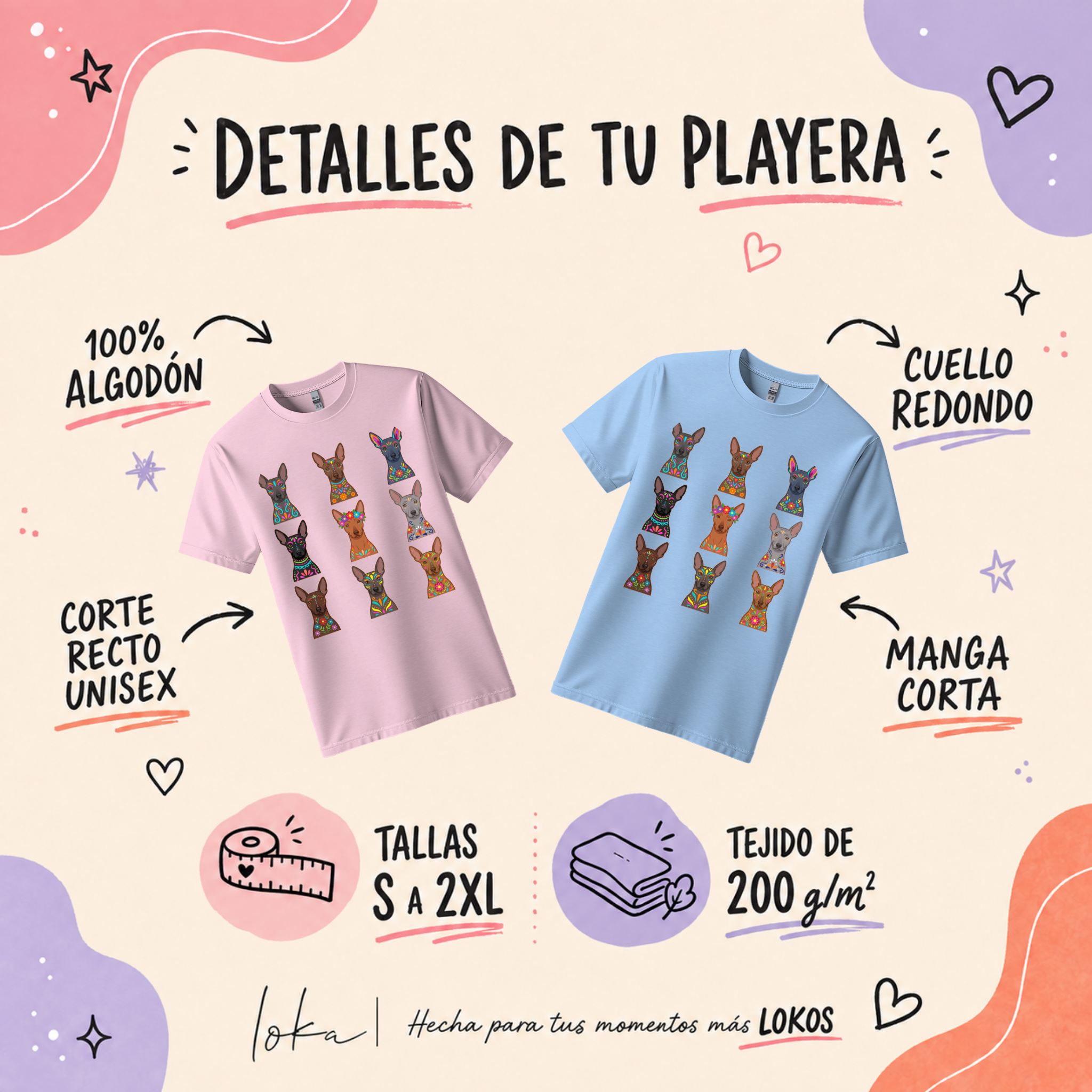 Playera de xoloitzcuintles con arte mexicano — Nueve xolos ilustrados