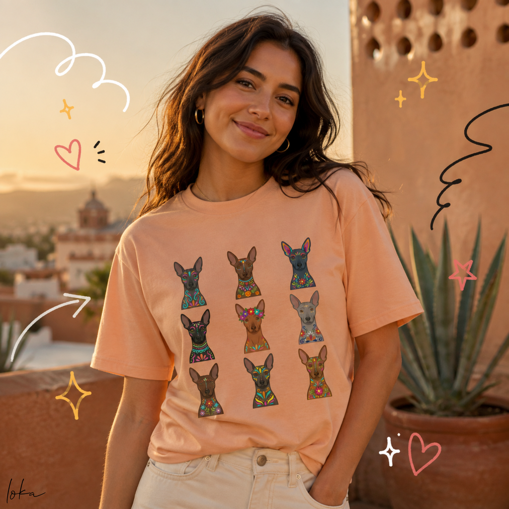 Playera de xoloitzcuintles con arte mexicano — Nueve xolos ilustrados