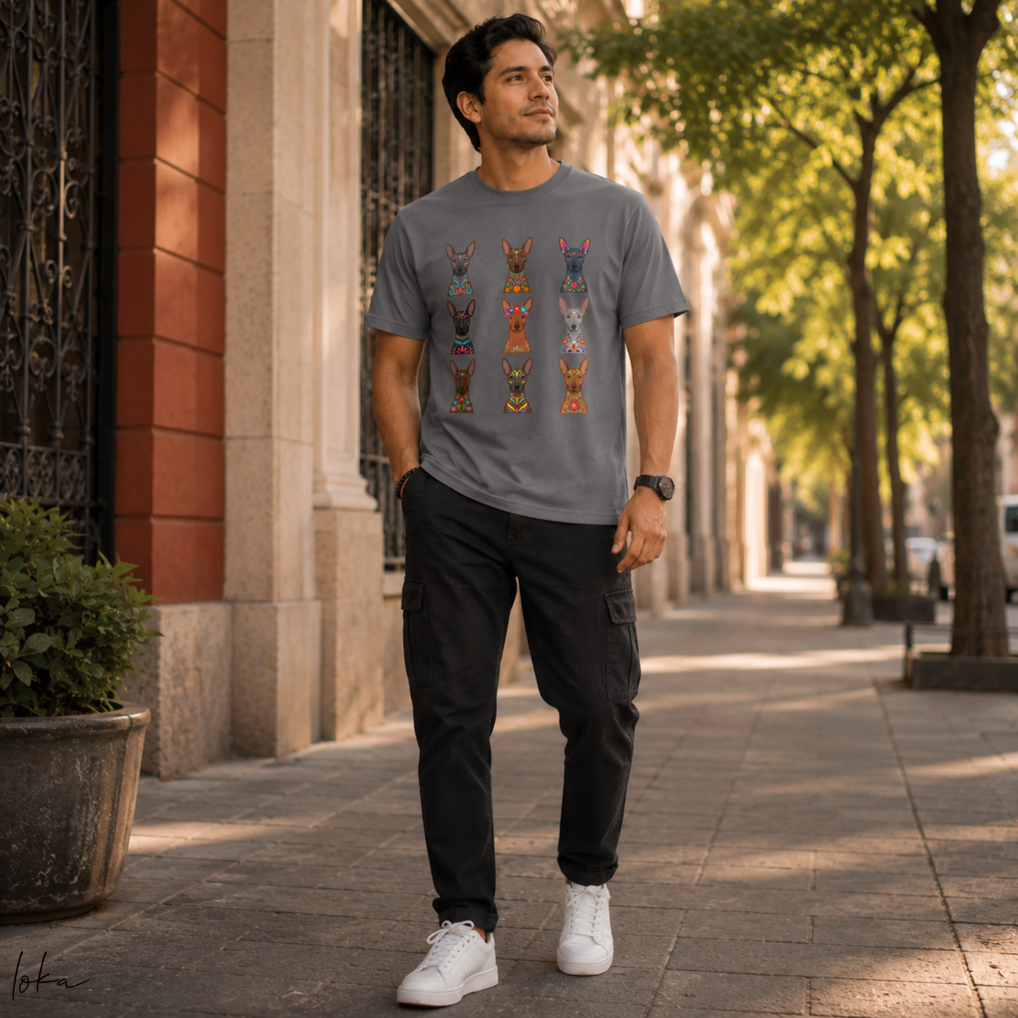 Playera de xoloitzcuintles con arte mexicano — Nueve xolos ilustrados