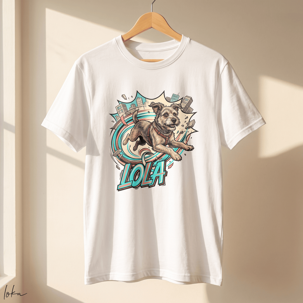Playera personalizada LOKA HEROES con ilustración estilo cómic de un perro, colgada junto a una ventana con luz natural.
