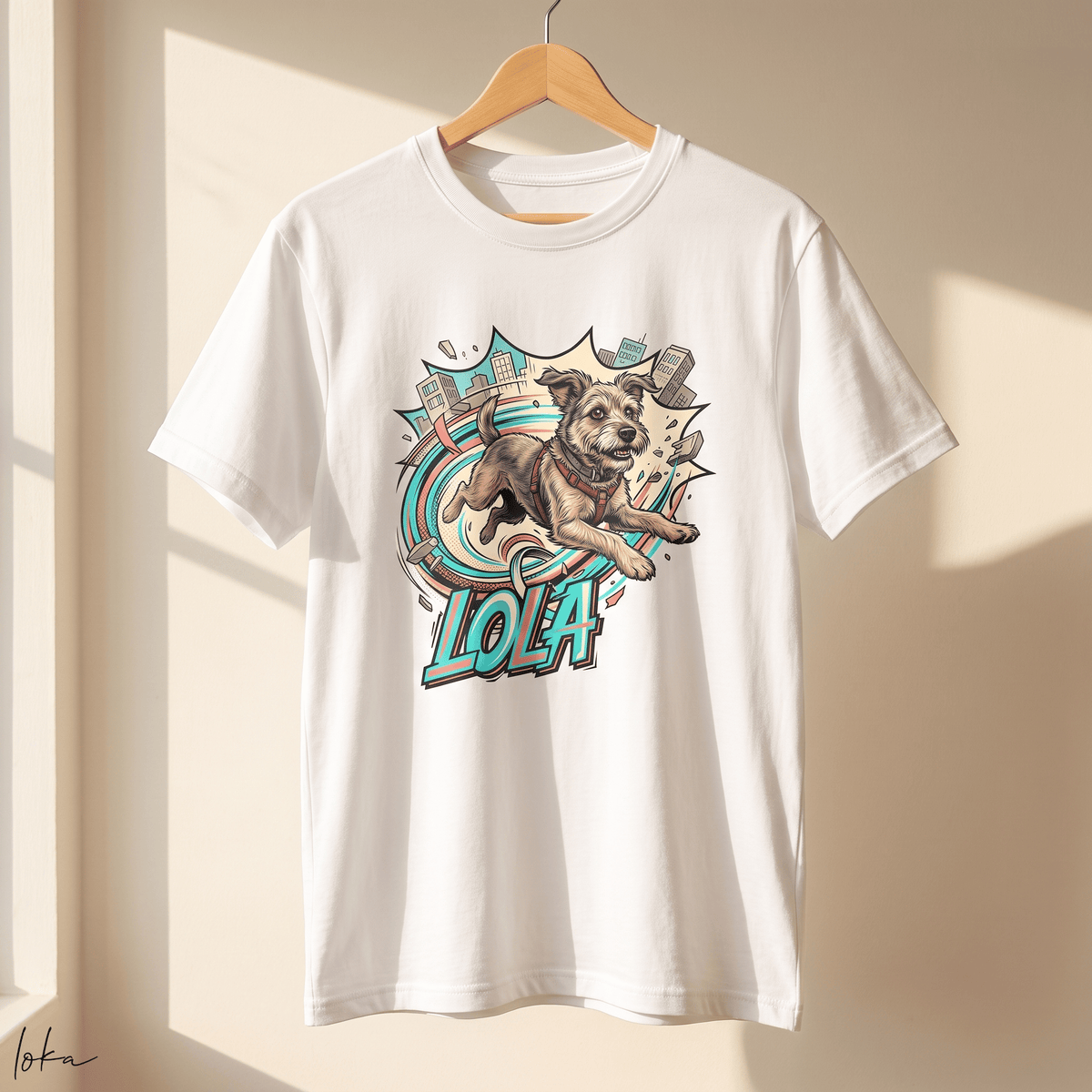 Playera personalizada LOKA HEROES con ilustración estilo cómic de un perro, colgada junto a una ventana con luz natural.