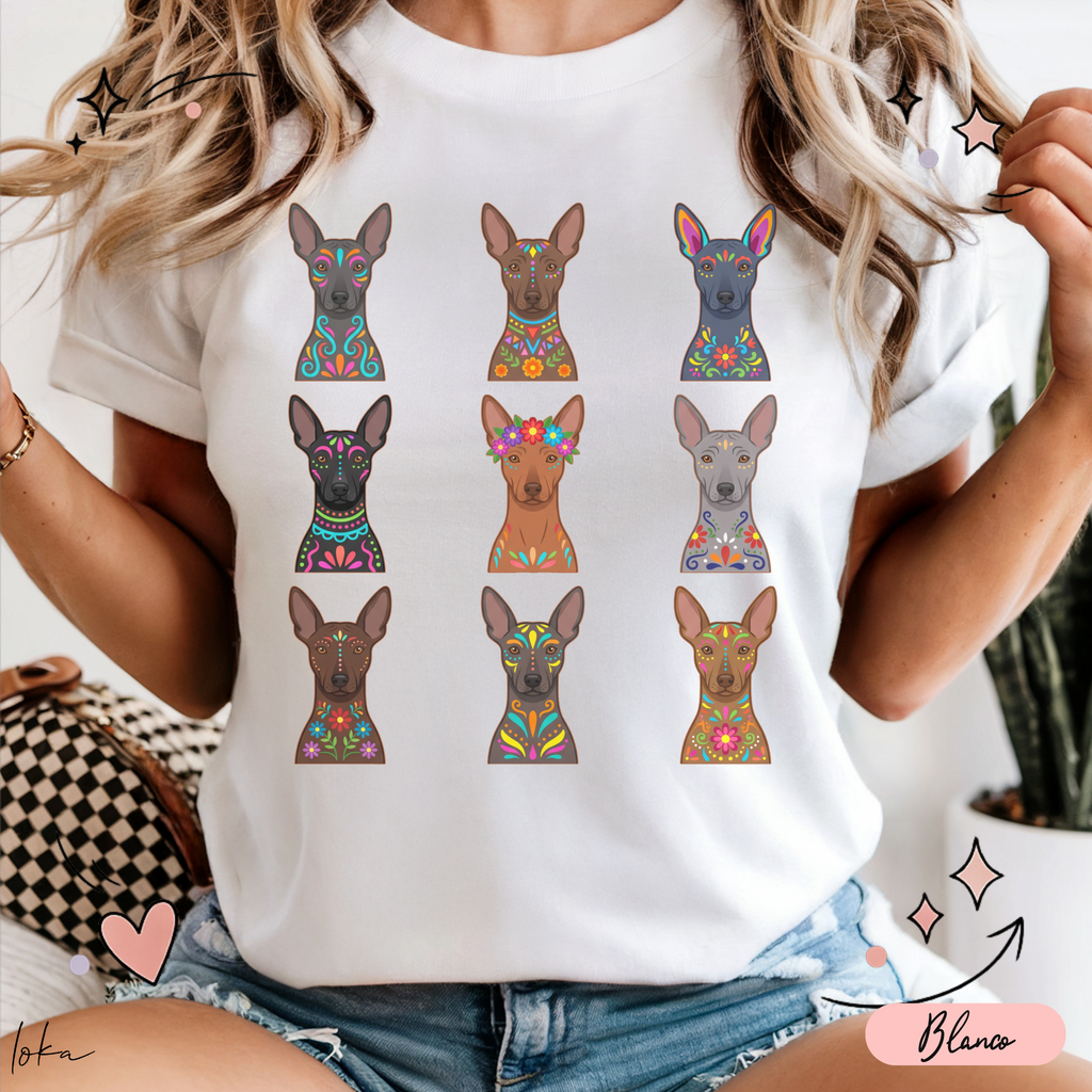 Playera de xoloitzcuintles con arte mexicano — Nueve xolos ilustrados