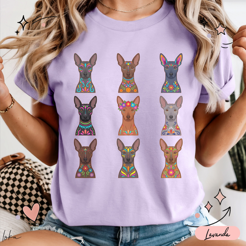 Playera de xoloitzcuintles con arte mexicano — Nueve xolos ilustrados