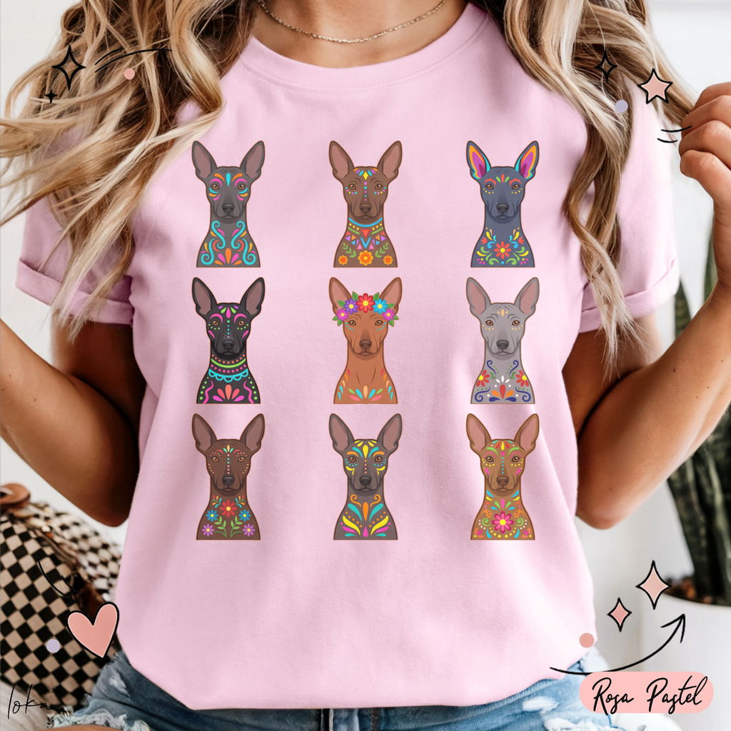 Playera de xoloitzcuintles con arte mexicano — Nueve xolos ilustrados