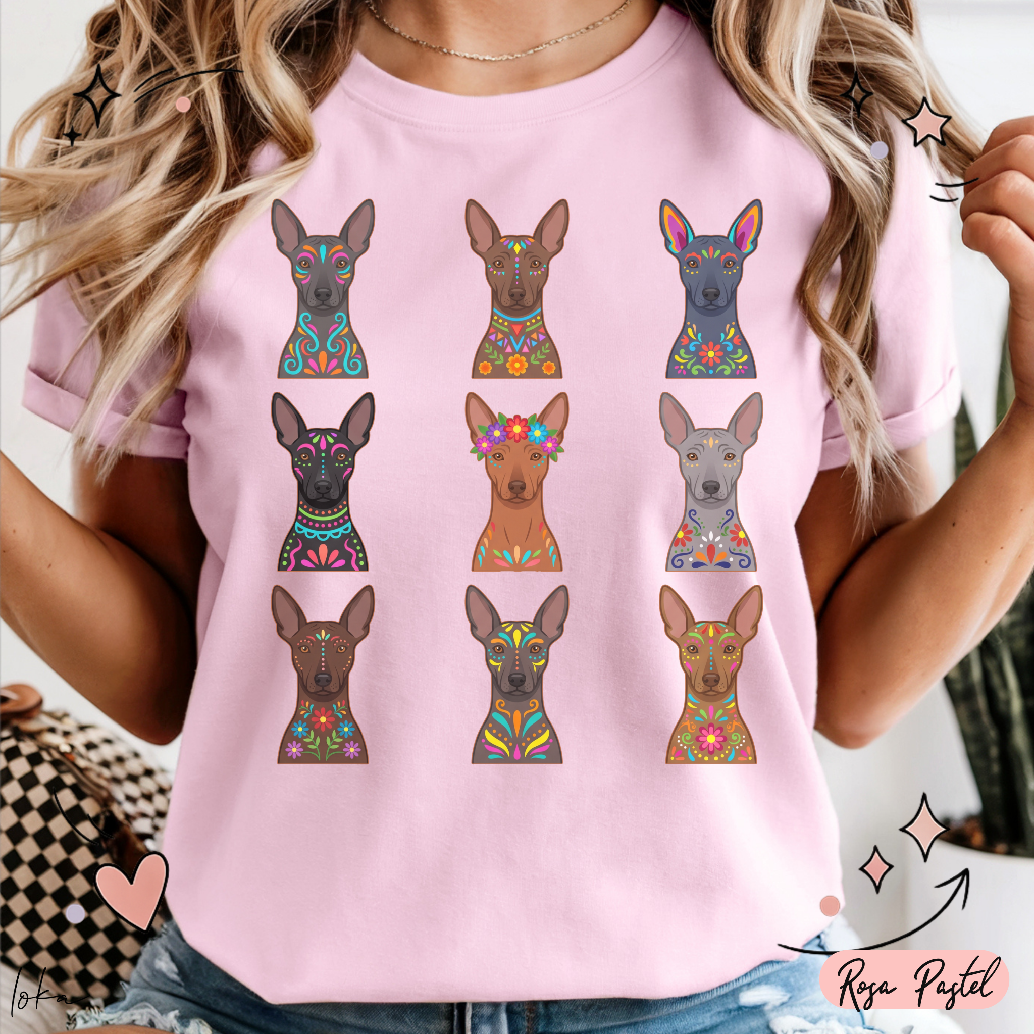 Playera de xoloitzcuintles con arte mexicano — Nueve xolos ilustrados