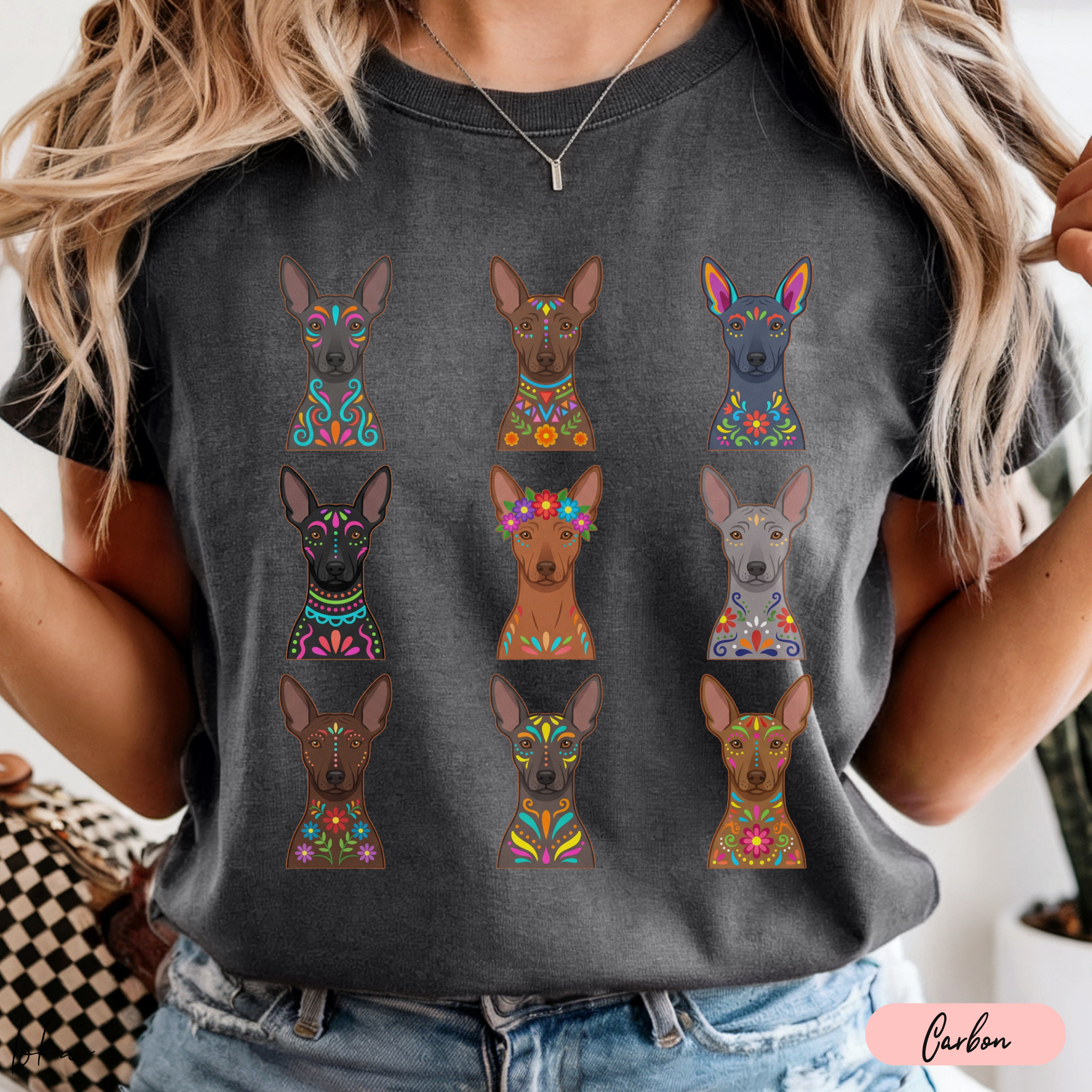 Playera de xoloitzcuintles con arte mexicano — Nueve xolos ilustrados