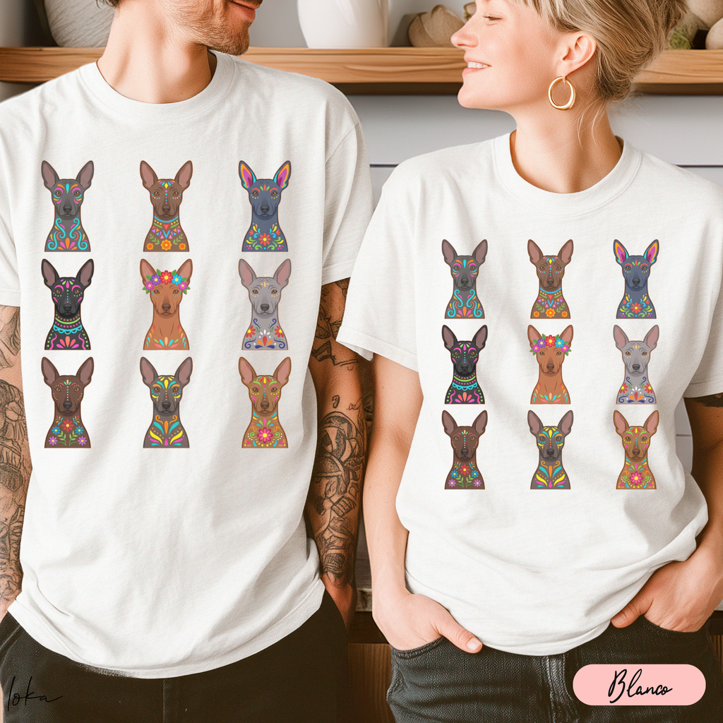 Playera de xoloitzcuintles con arte mexicano — Nueve xolos ilustrados