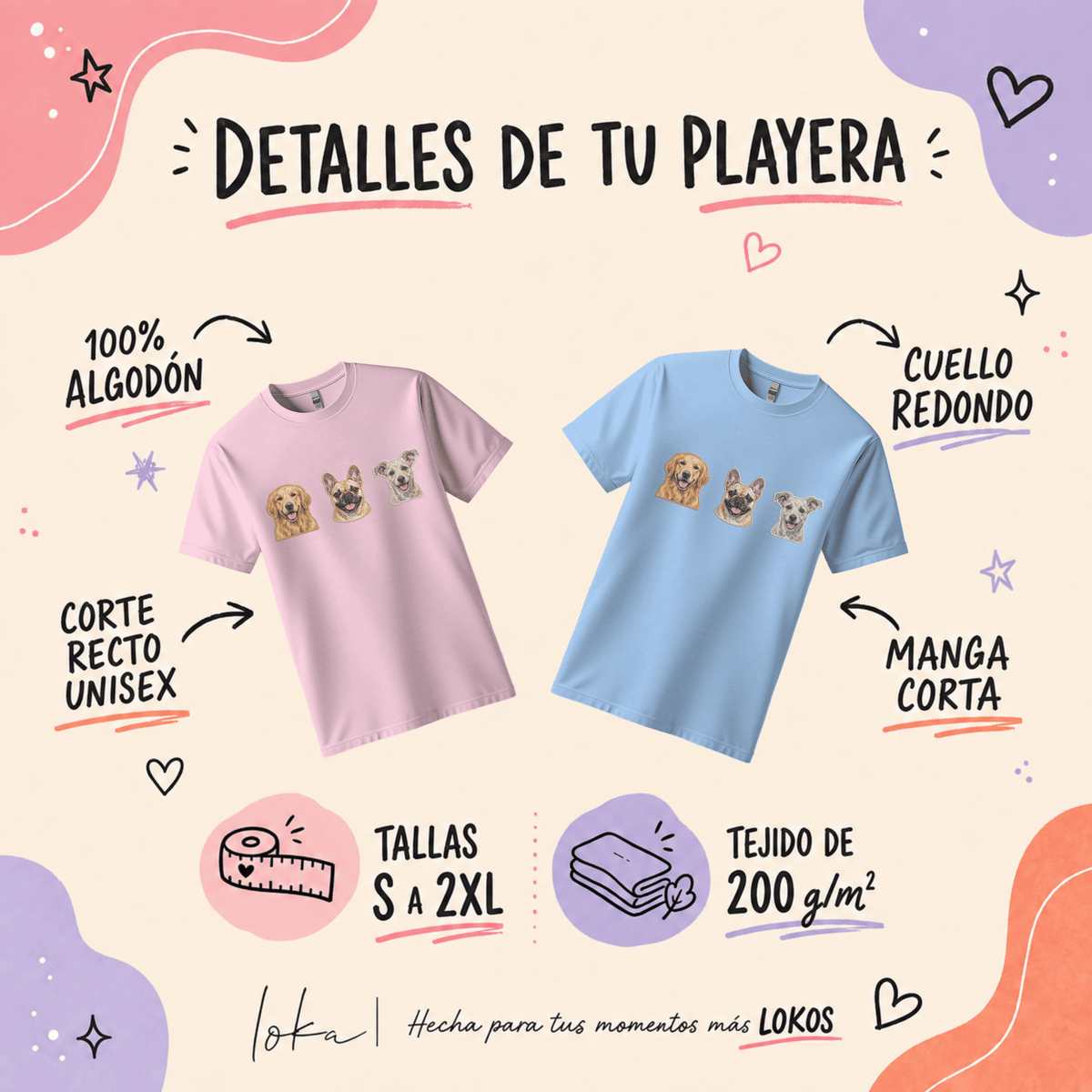 Playera Personalizada con Retrato Efecto Bordado | 1 a 5 Perros