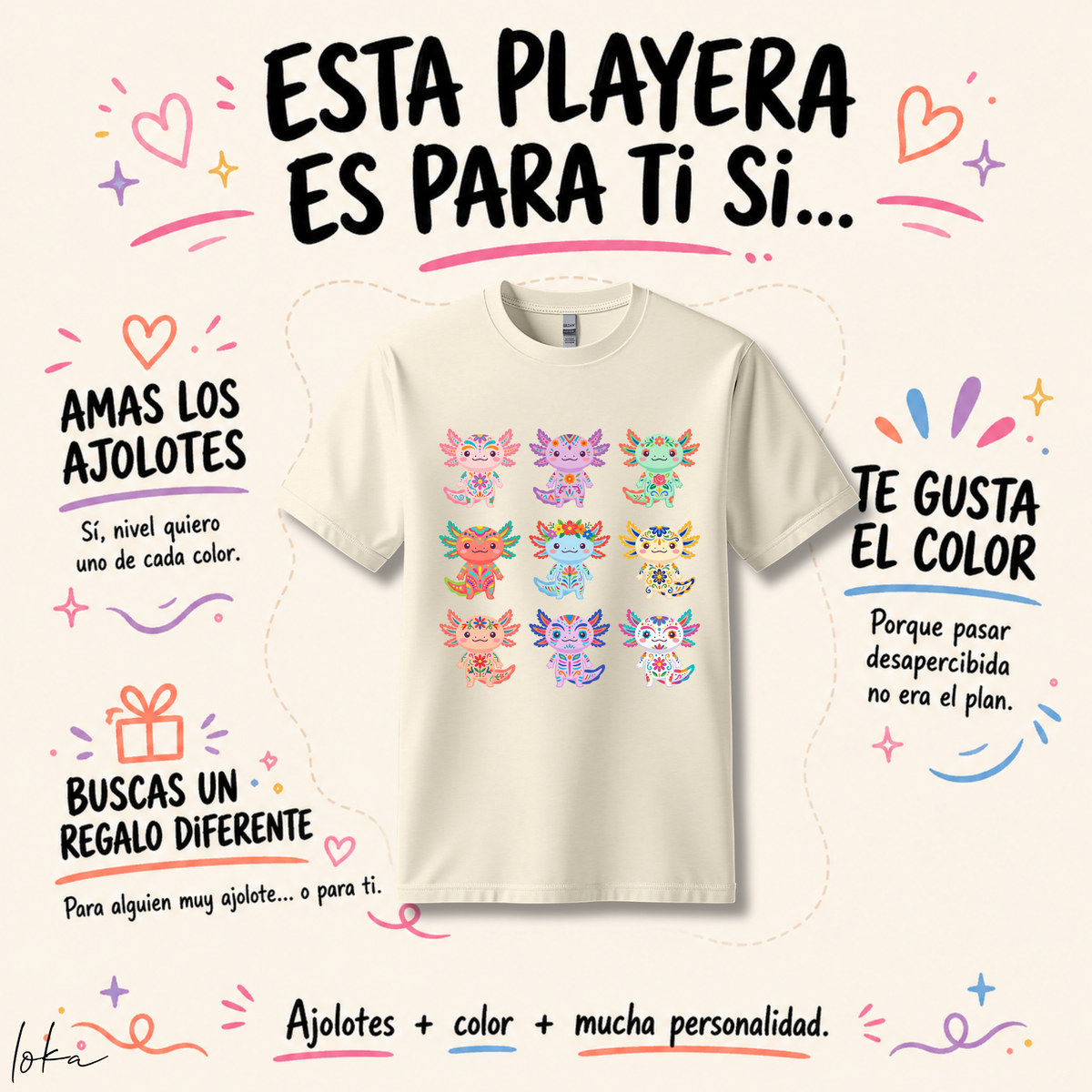 Playera Unisex Ajolote Mexicano | 100% Algodón | Tallas S–2XL | LOKA