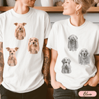 Pareja usando playeras blancas personalizadas con retratos de perros inspirados en “no veo, no escucho y no hablo”.