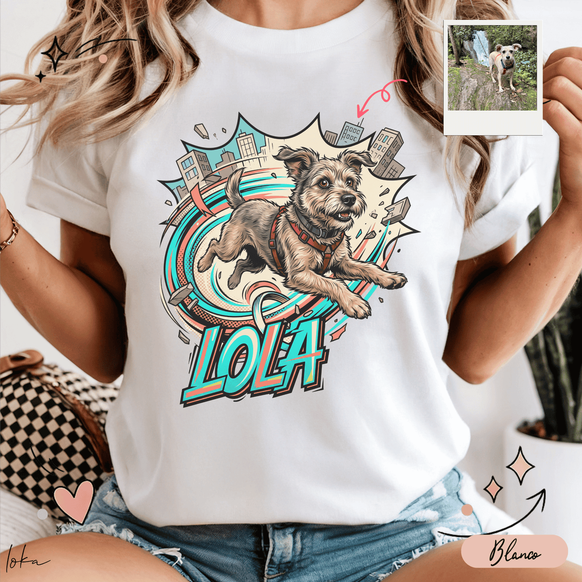 Playera personalizada LOKA HEROES color Blanco con ilustración de perro estilo cómic — impresión DTG