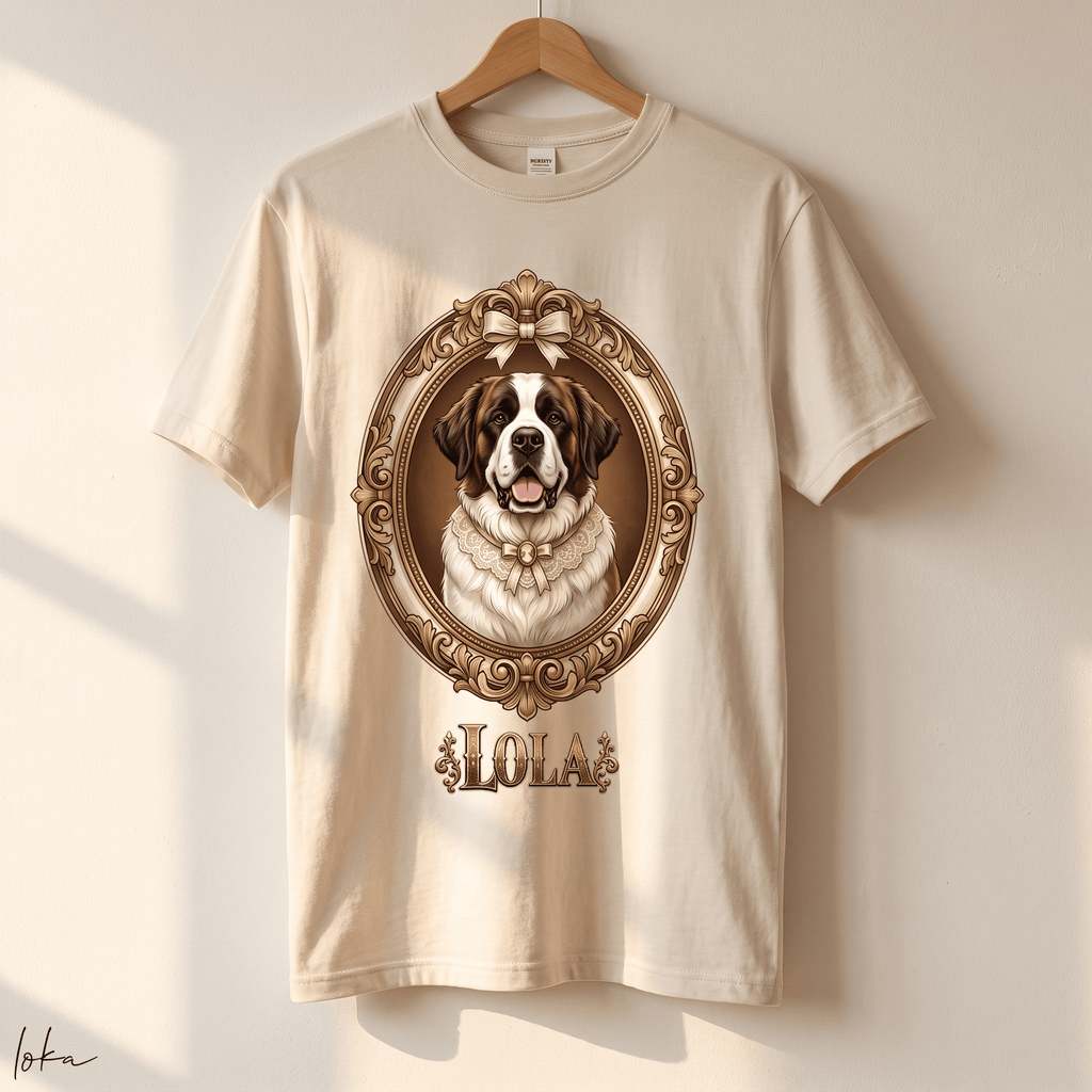 Playera color crema colgada en gancho de madera con retrato de perro en marco ovalado vintage y nombre Lola al frente.