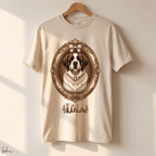 Playera color crema colgada en gancho de madera con retrato de perro en marco ovalado vintage y nombre Lola al frente.