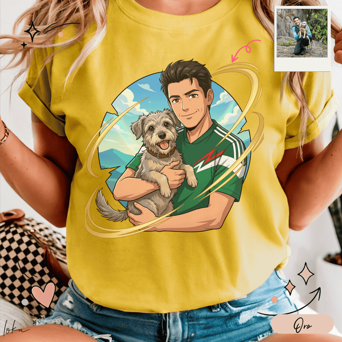 Playera amarilla con retrato personalizado estilo anime de una persona abrazando a su perro.
