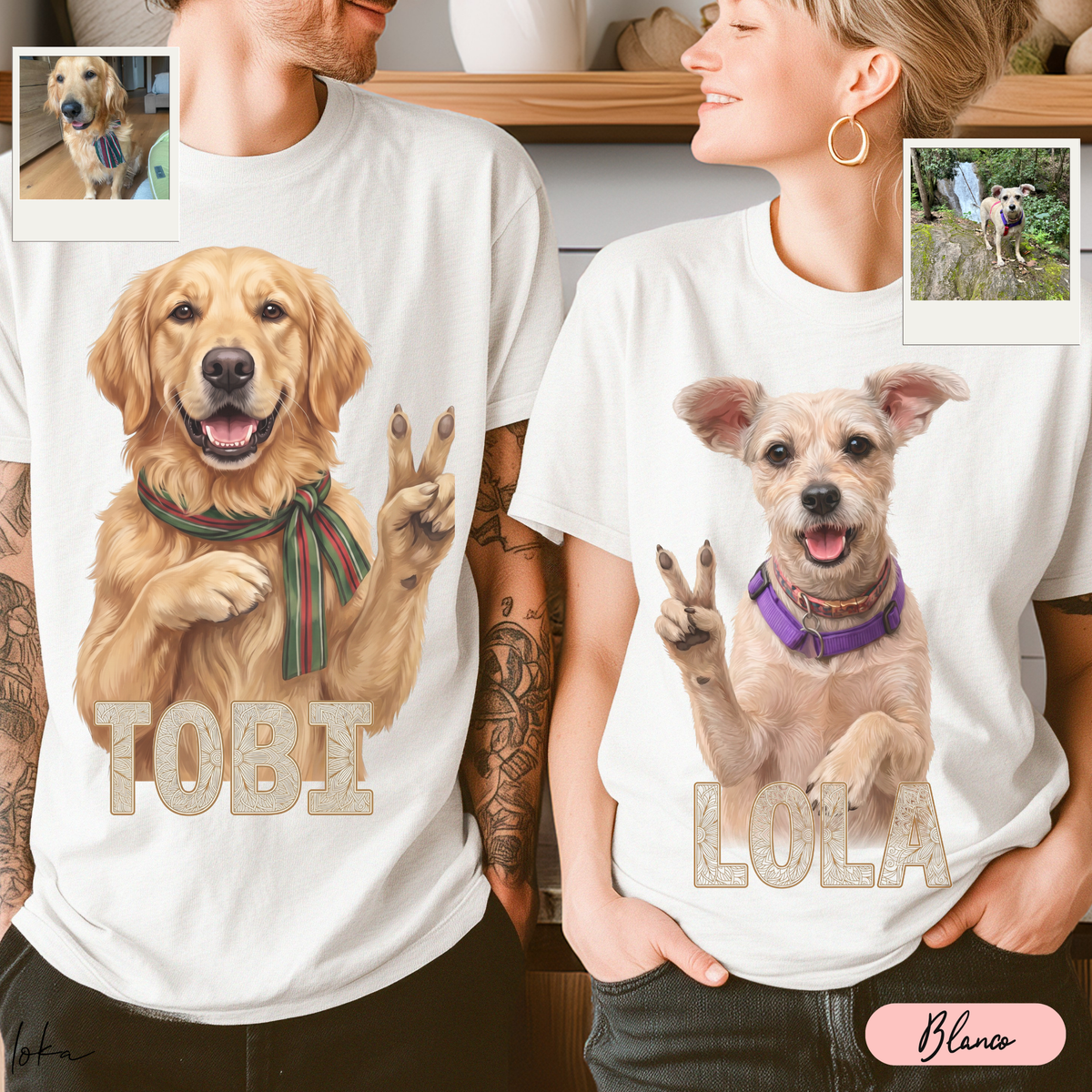 Playera LOKA blanca con retrato ilustrado personalizado de un perro haciendo la seña de paz y nombre debajo.